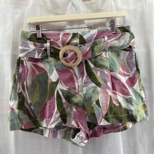 Tahari Linen Floral Shorts Belted‎ Womens M Medium Pink Green White Summer
